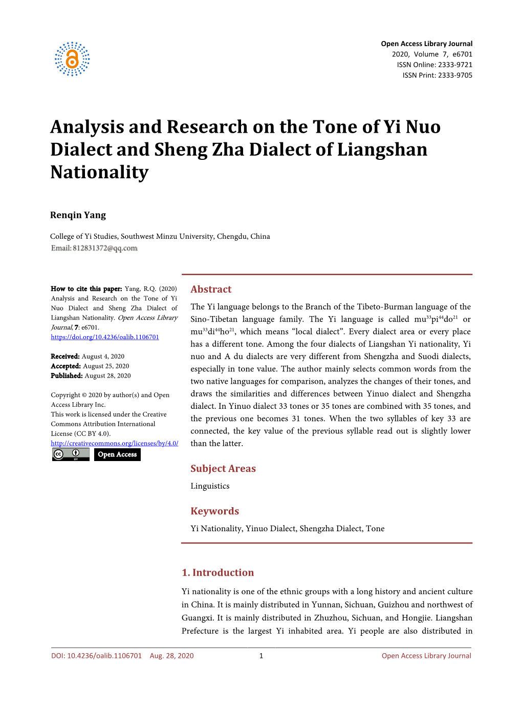 Analysis and Research on the Tone of Yi Nuo Dialect and Sheng Zha Dialect of Liangshan Nationality