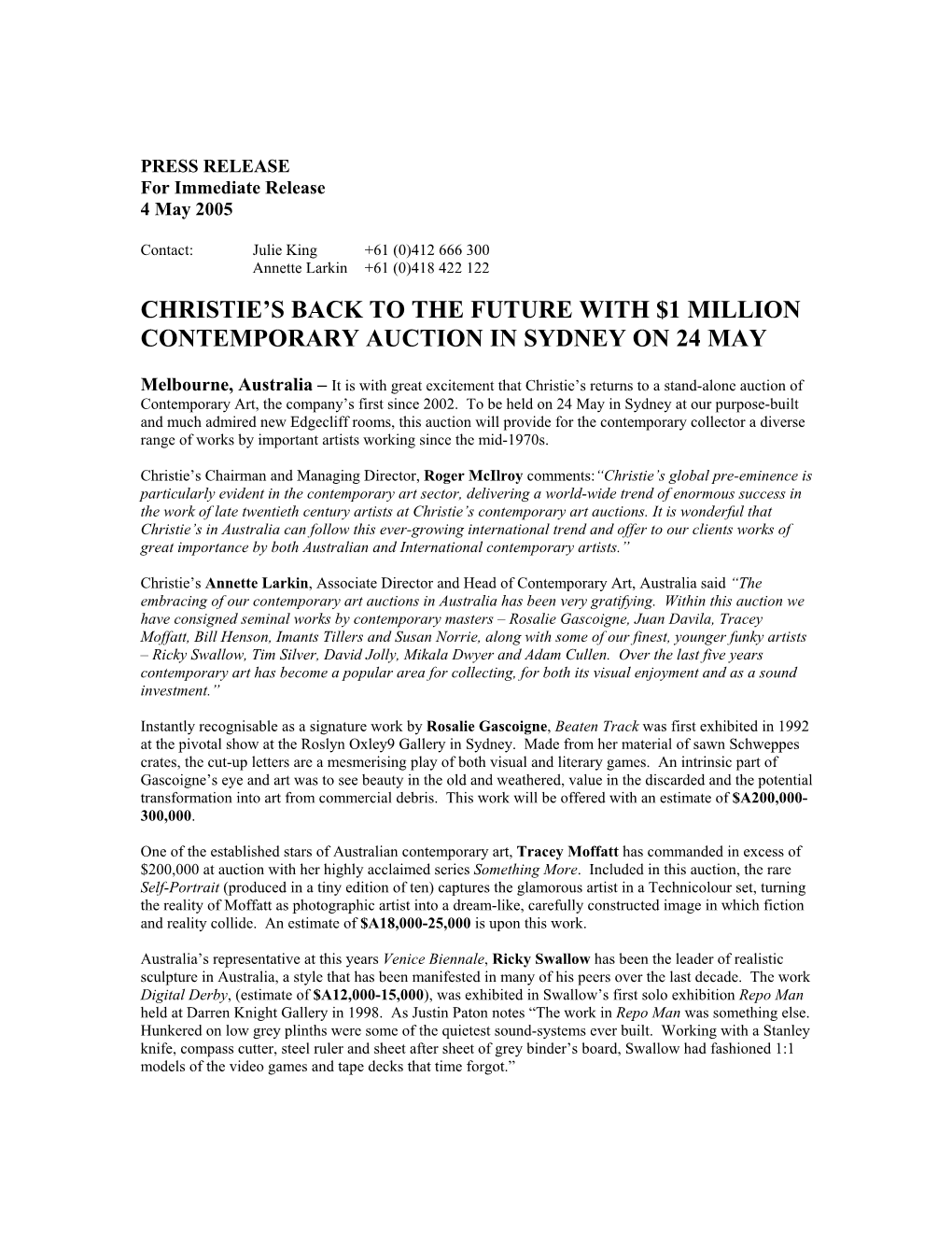 Christie's Back to the Future with $1 Million