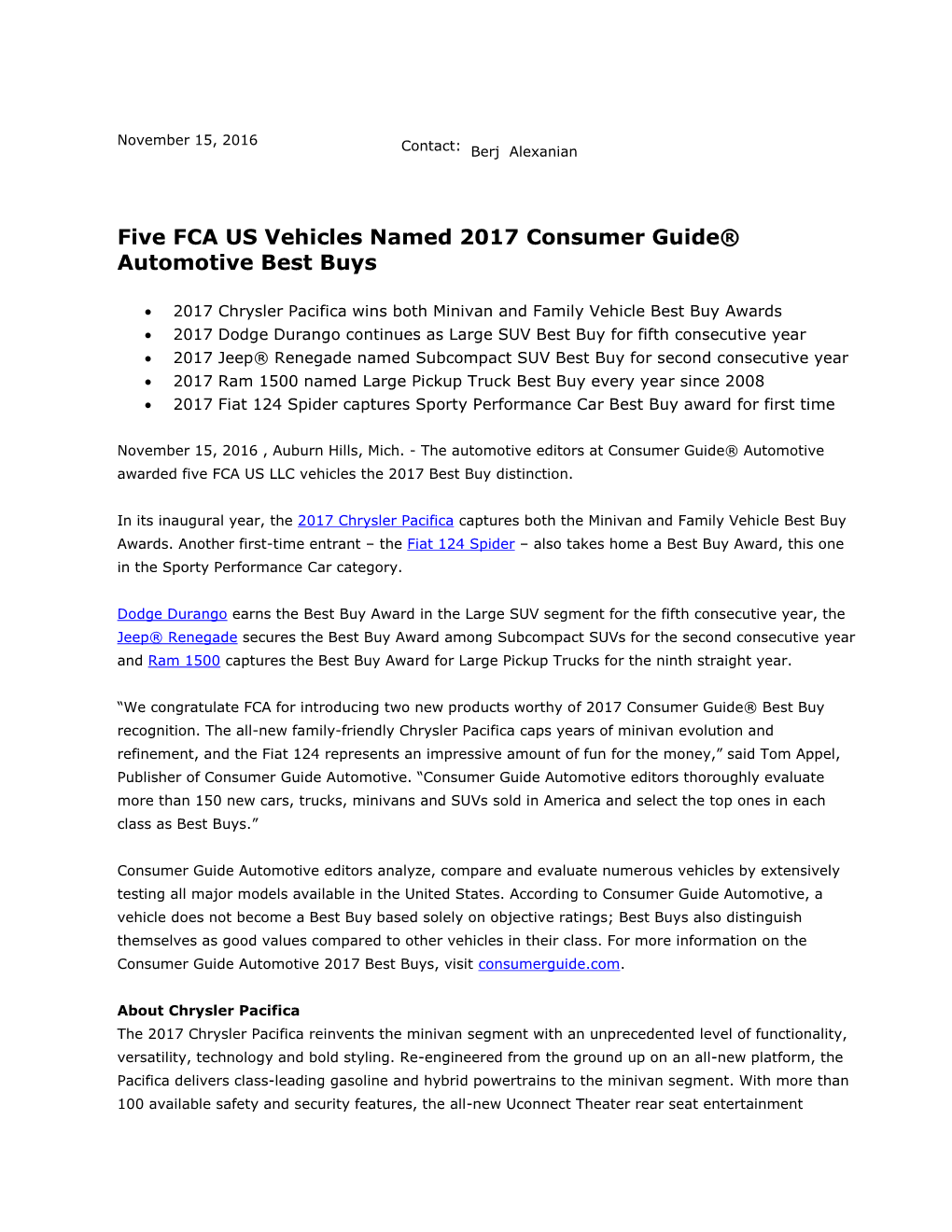 Five FCA US Vehicles Named 2017 Consumer Guide® Automotive Best Buys