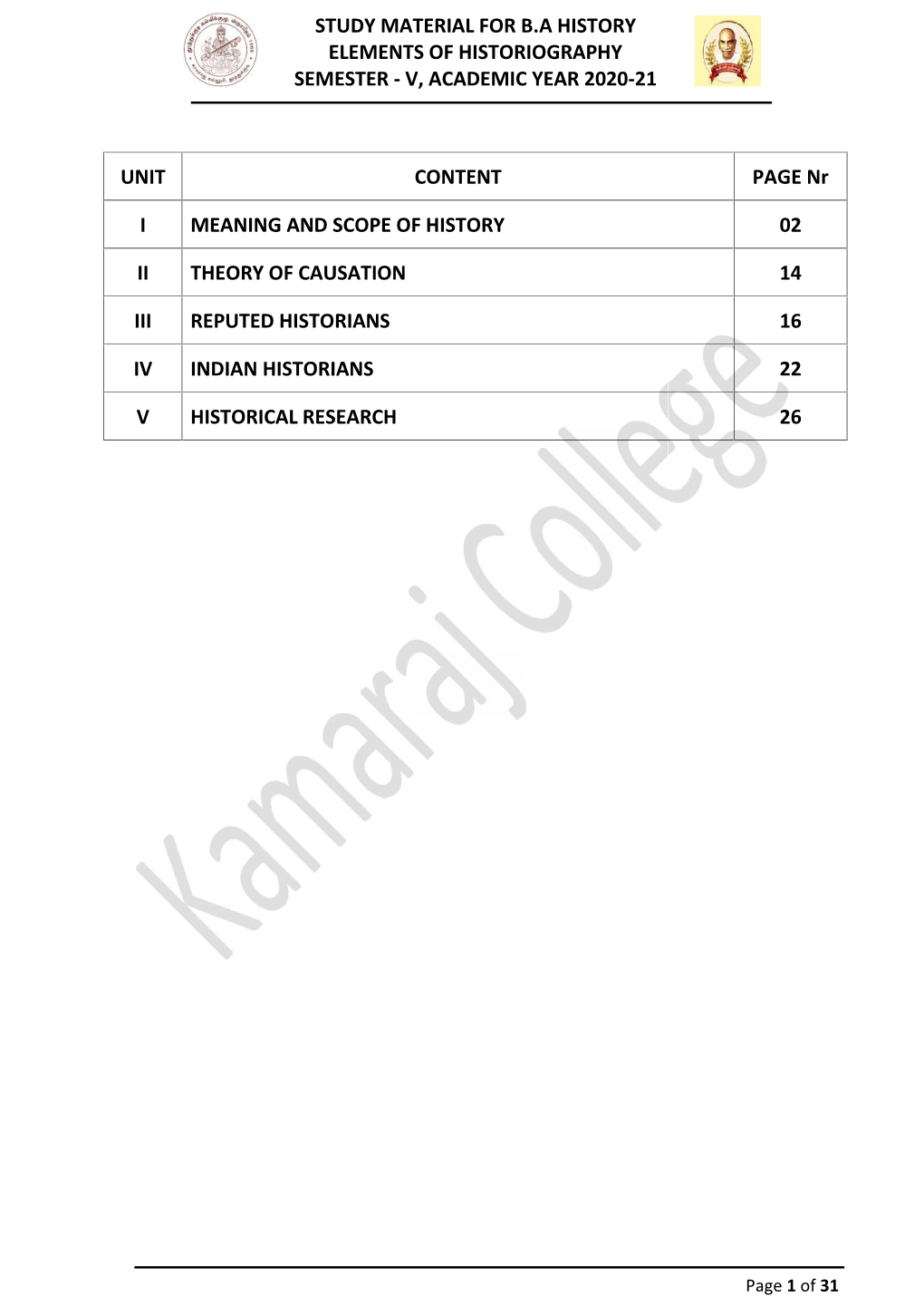 Elements of Historiography Semester - V, Academic Year 2020-21