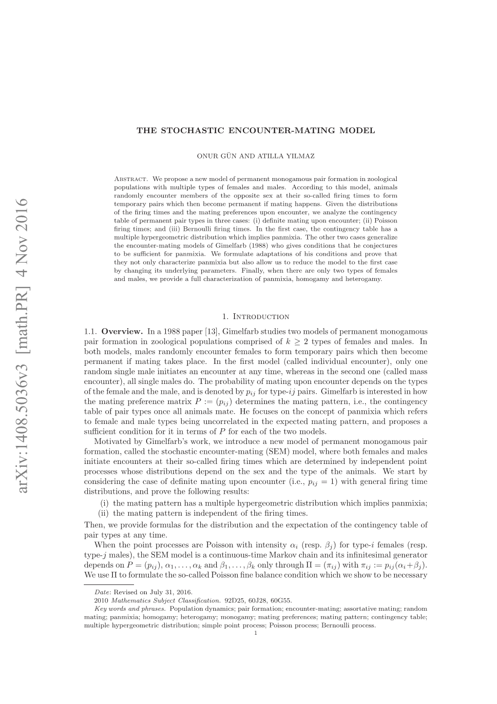 THE STOCHASTIC ENCOUNTER-MATING MODEL 11 Type of Each Male