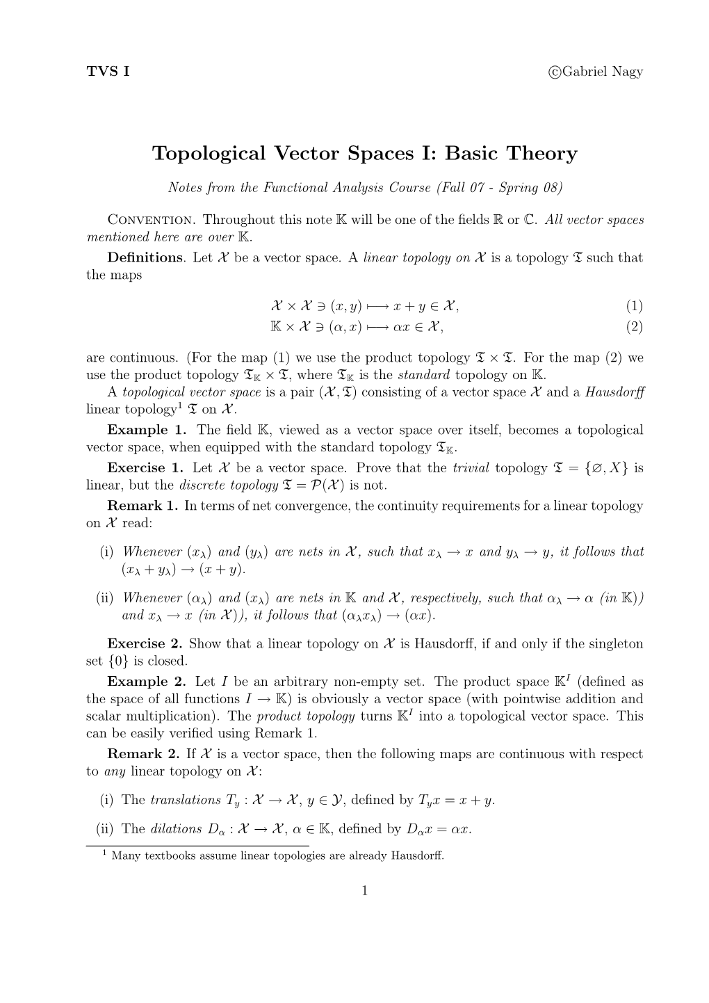 Topological Vector Spaces I: Basic Theory