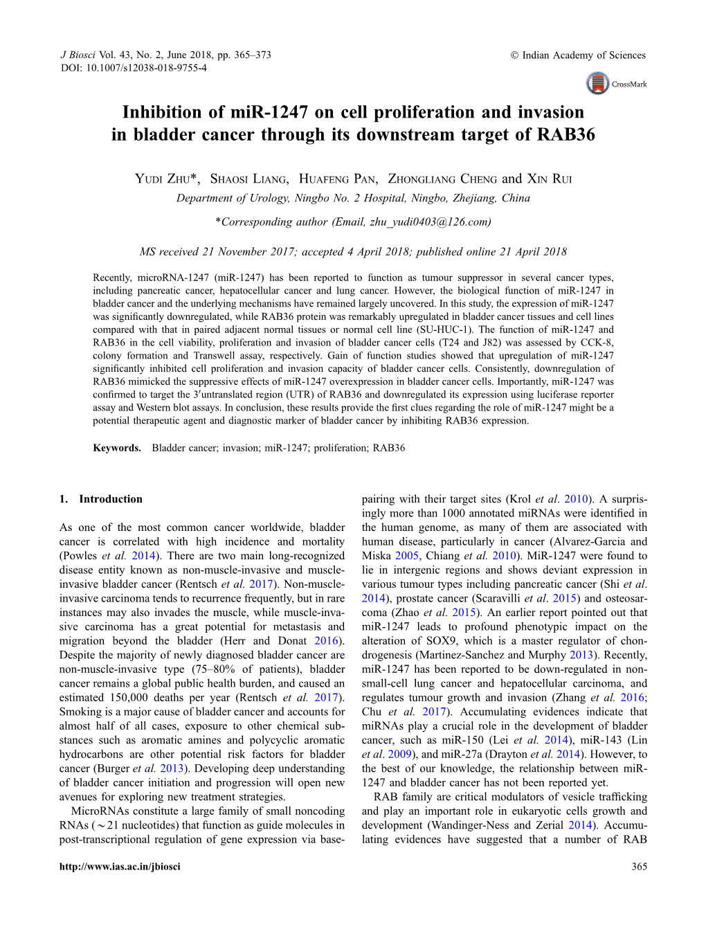 Inhibition of Mir-1247 on Cell Proliferation and Invasion in Bladder Cancer Through Its Downstream Target of RAB36