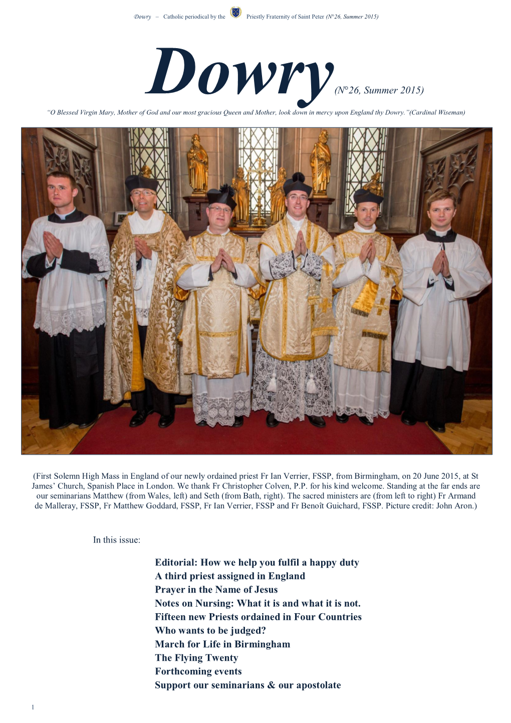 The Priestly Fraternity of Saint Peter (N°26, Summer 2015)