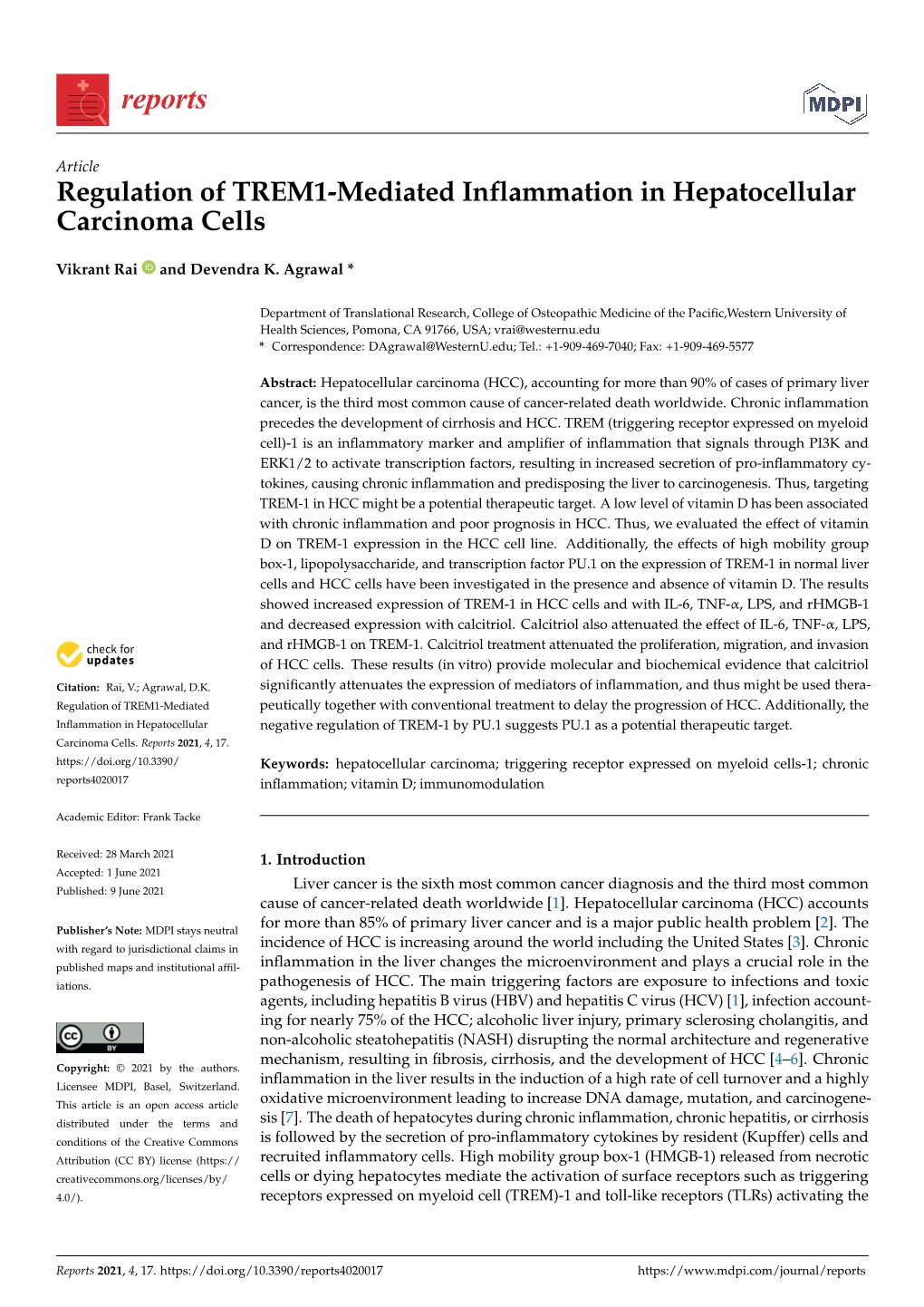 Regulation of TREM1-Mediated Inflammation in Hepatocellular Carcinoma Cells