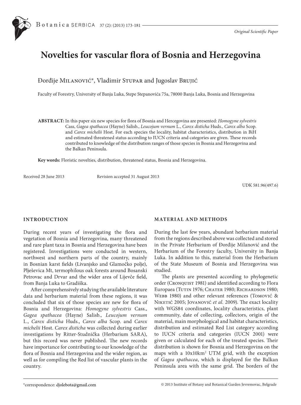 Novelties for Vascular Flora of Bosnia and Herzegovina