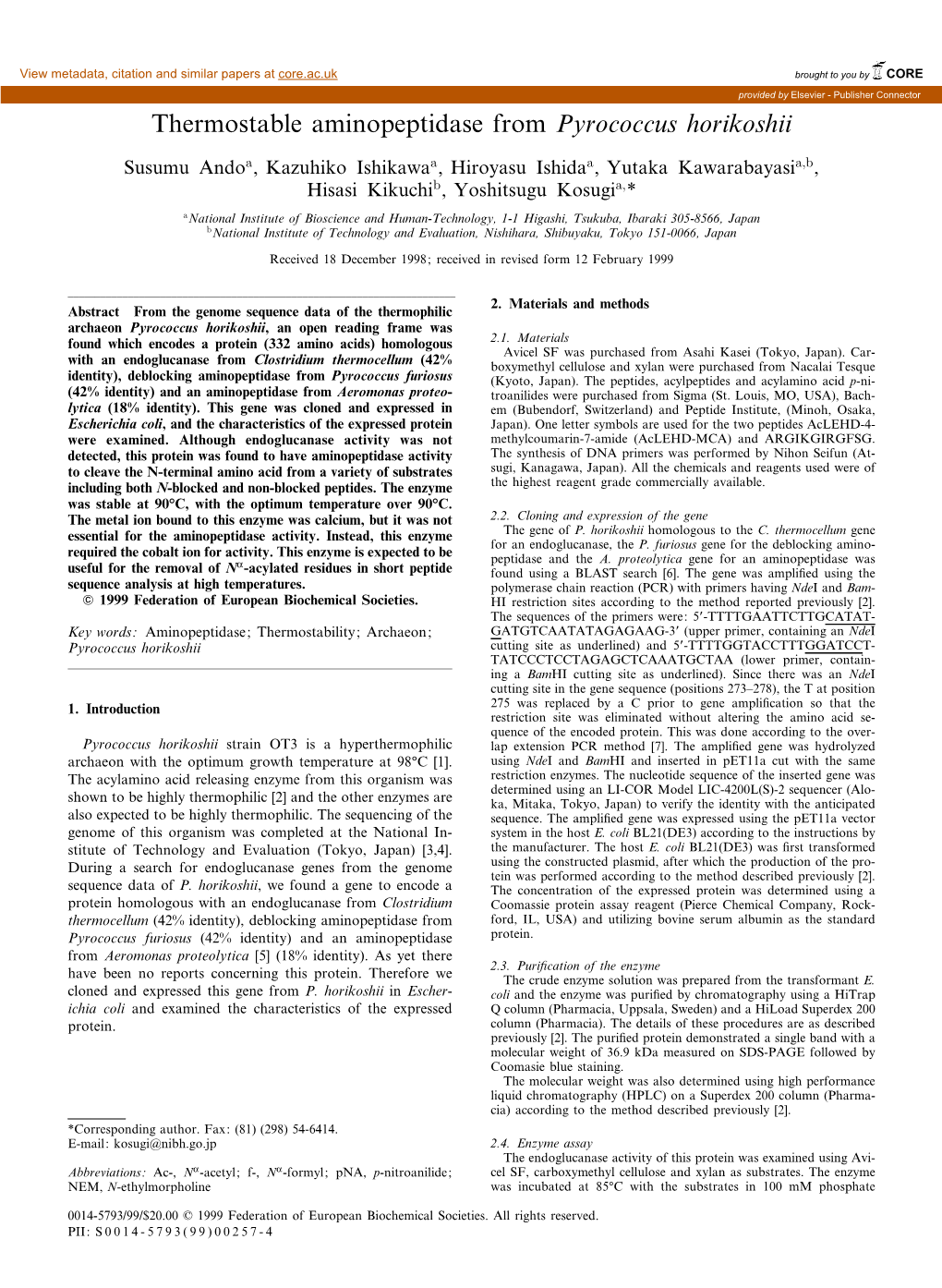 Thermostable Aminopeptidase from Pyrococcus Horikoshii