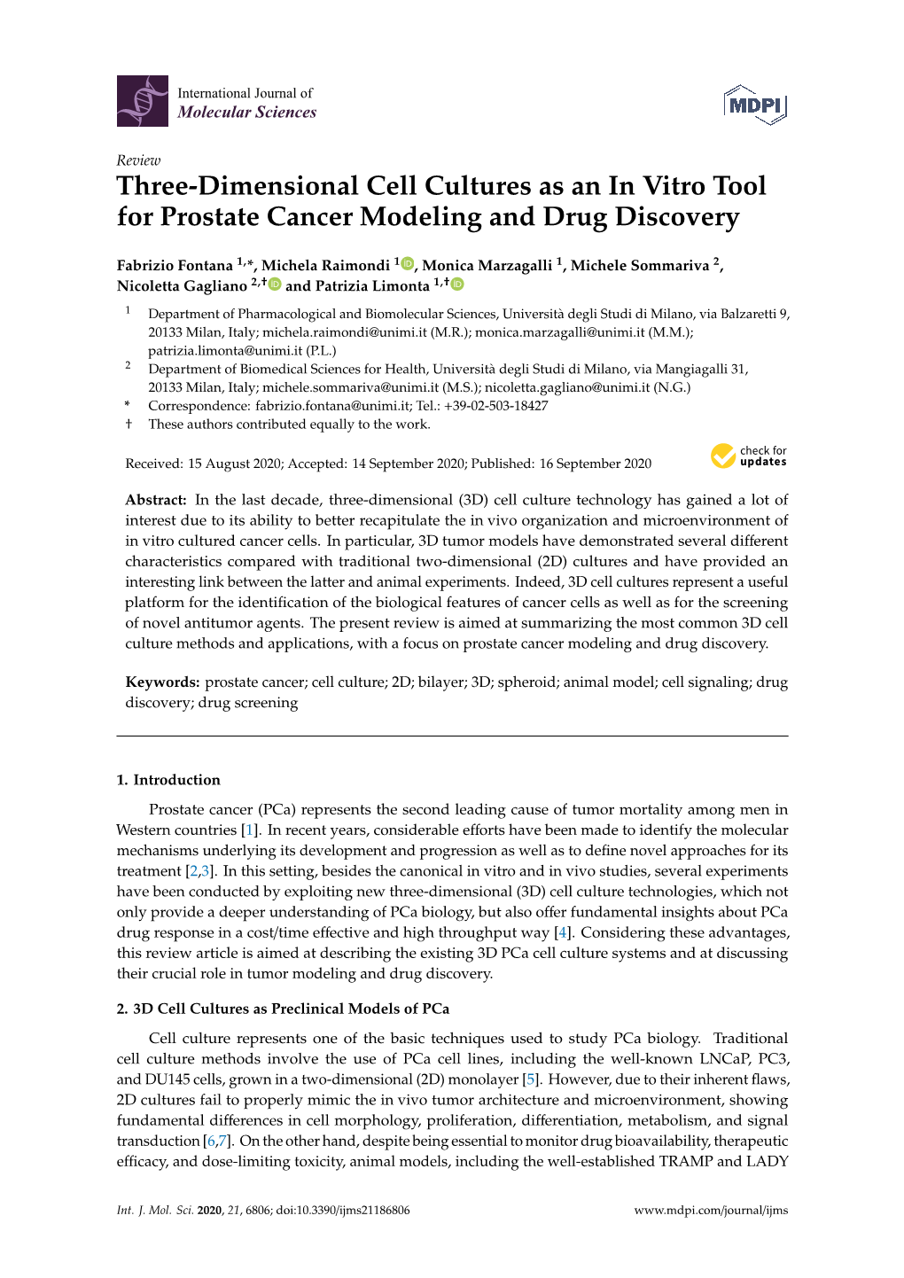 Three-Dimensional Cell Cultures As an in Vitro Tool for Prostate Cancer Modeling and Drug Discovery