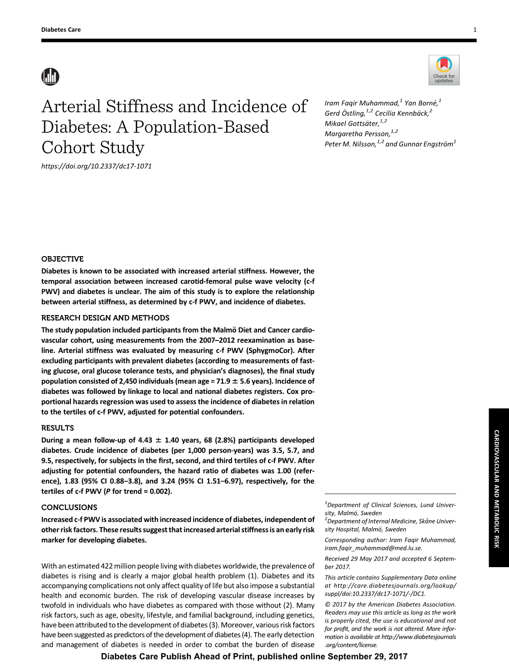 Arterial Stiffness and Incidence of Diabetes