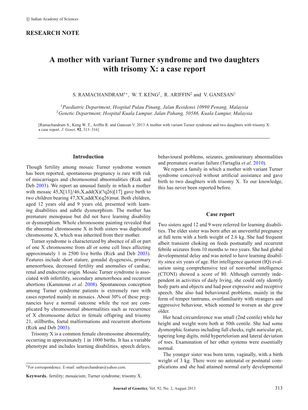 A Mother with Variant Turner Syndrome and Two Daughters with Trisomy X: a Case Report