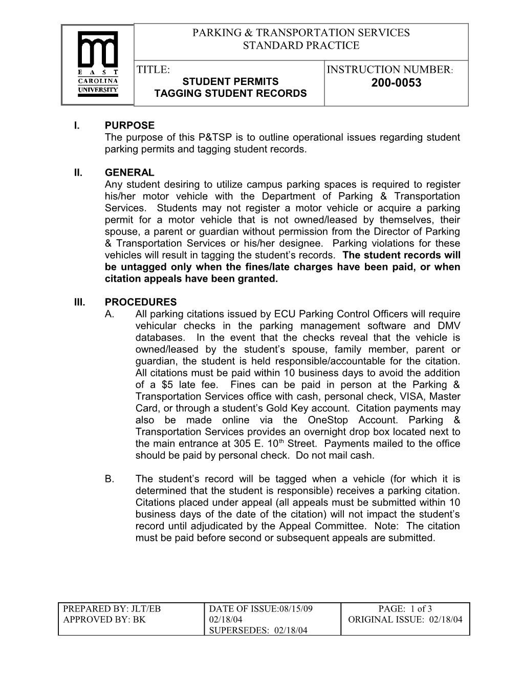 P&TSP 200-0053 Student Permits Tagging Student Records