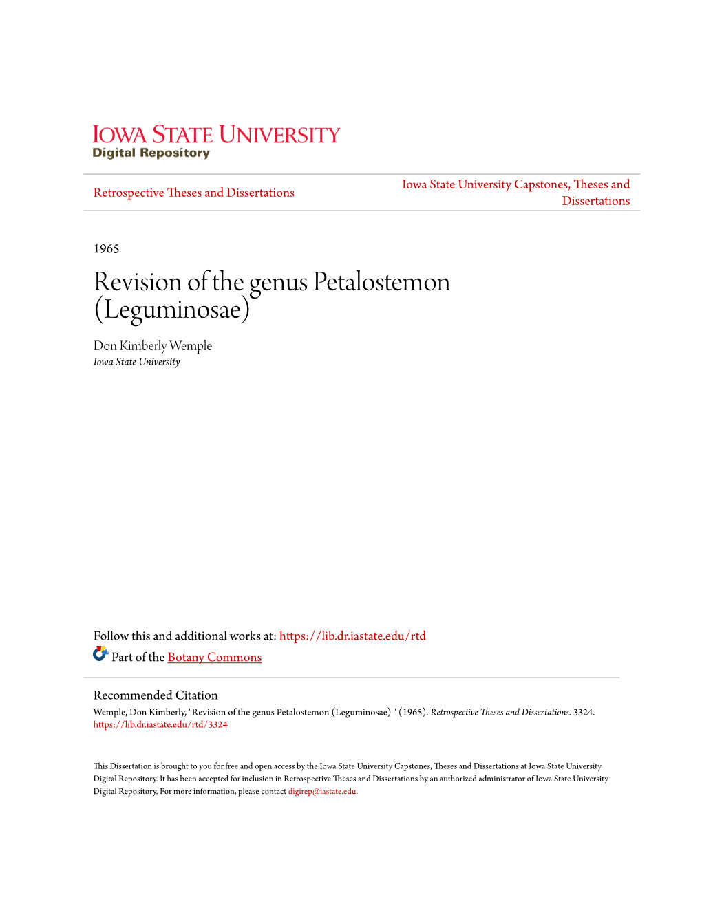 Revision of the Genus Petalostemon (Leguminosae) Don Kimberly Wemple Iowa State University