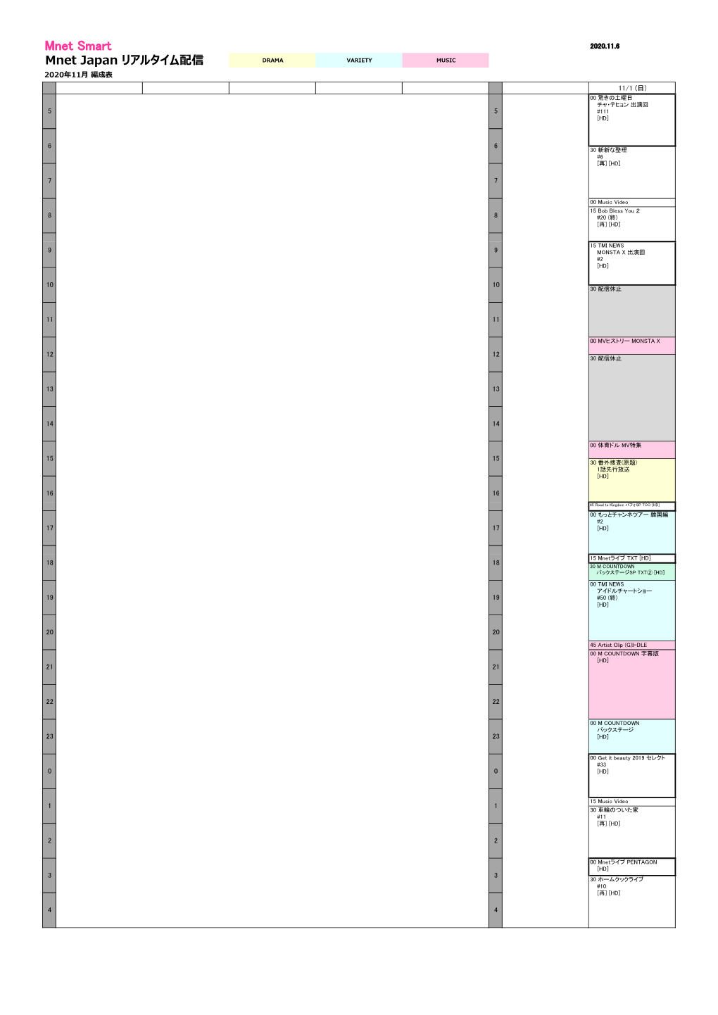 Mnet Smart 2020.11.6 Mnet Japan リアルタイム配信 DRAMA VARIETY MUSIC 2020年11月 編成表 11/1 (日) 00 驚きの土曜日 チャ・テヒョン 出演回 5 5 #111 [HD]