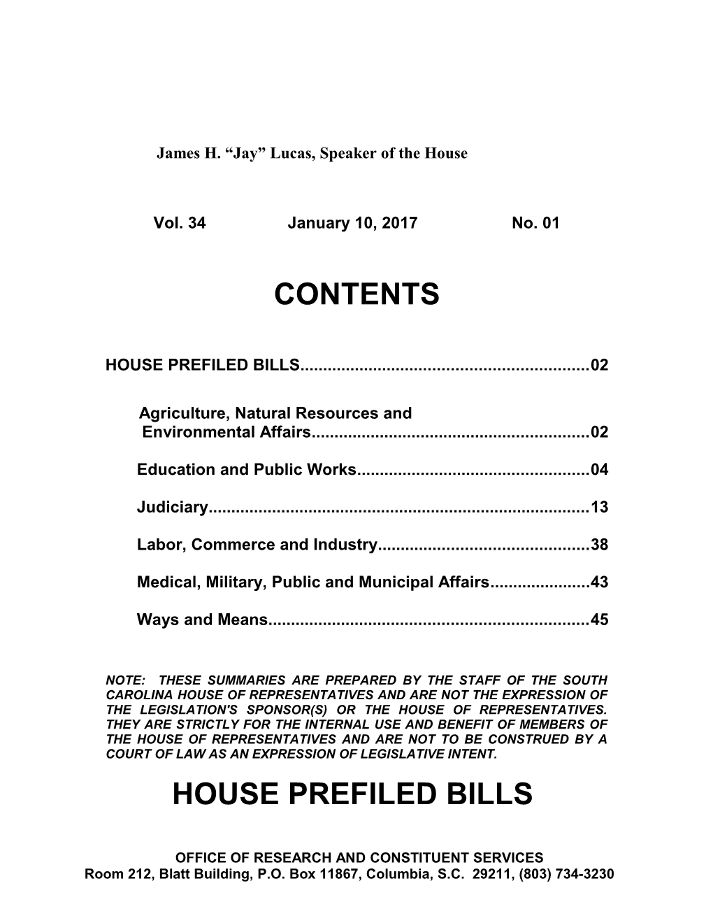 Legislative Update - Vol.34 No. 01 January 10, 2017 - South Carolina Legislature Online