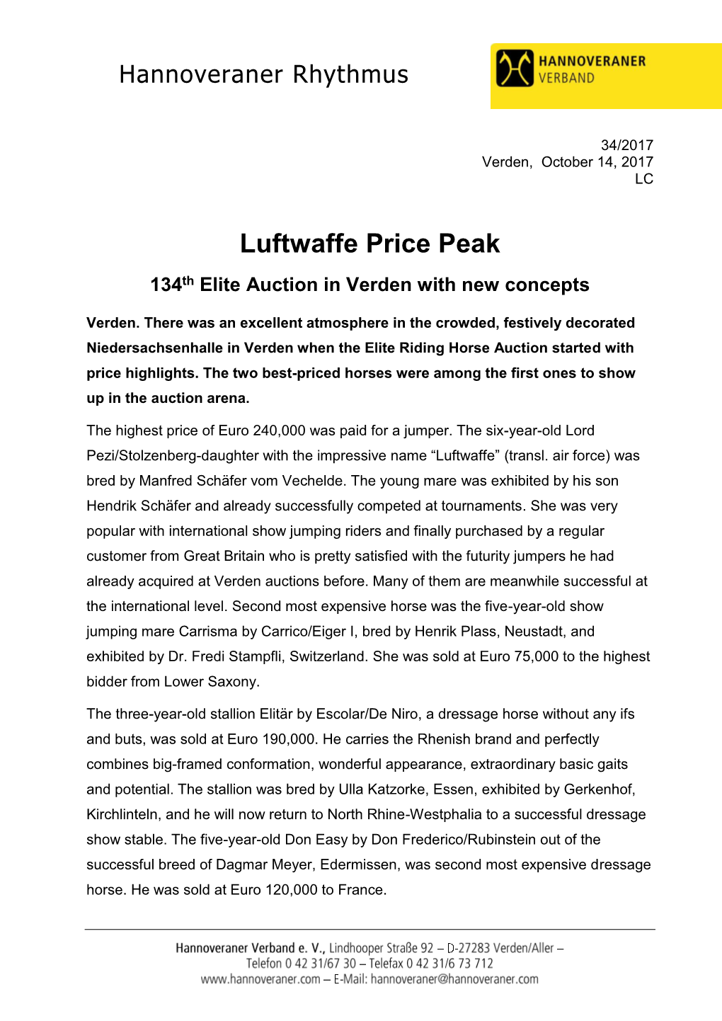 Luftwaffe Price Peak 134Th Elite Auction in Verden with New Concepts