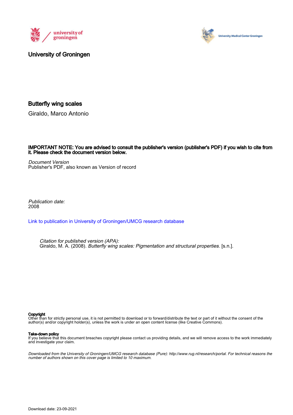 University of Groningen Butterfly Wing Scales Giraldo, Marco Antonio