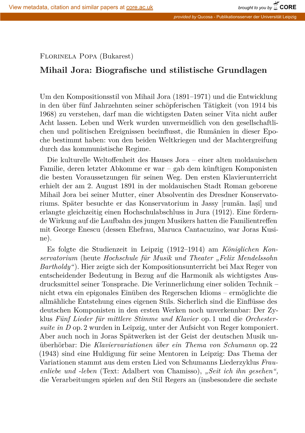 Mihail Jora: Biograﬁsche Und Stilistische Grundlagen