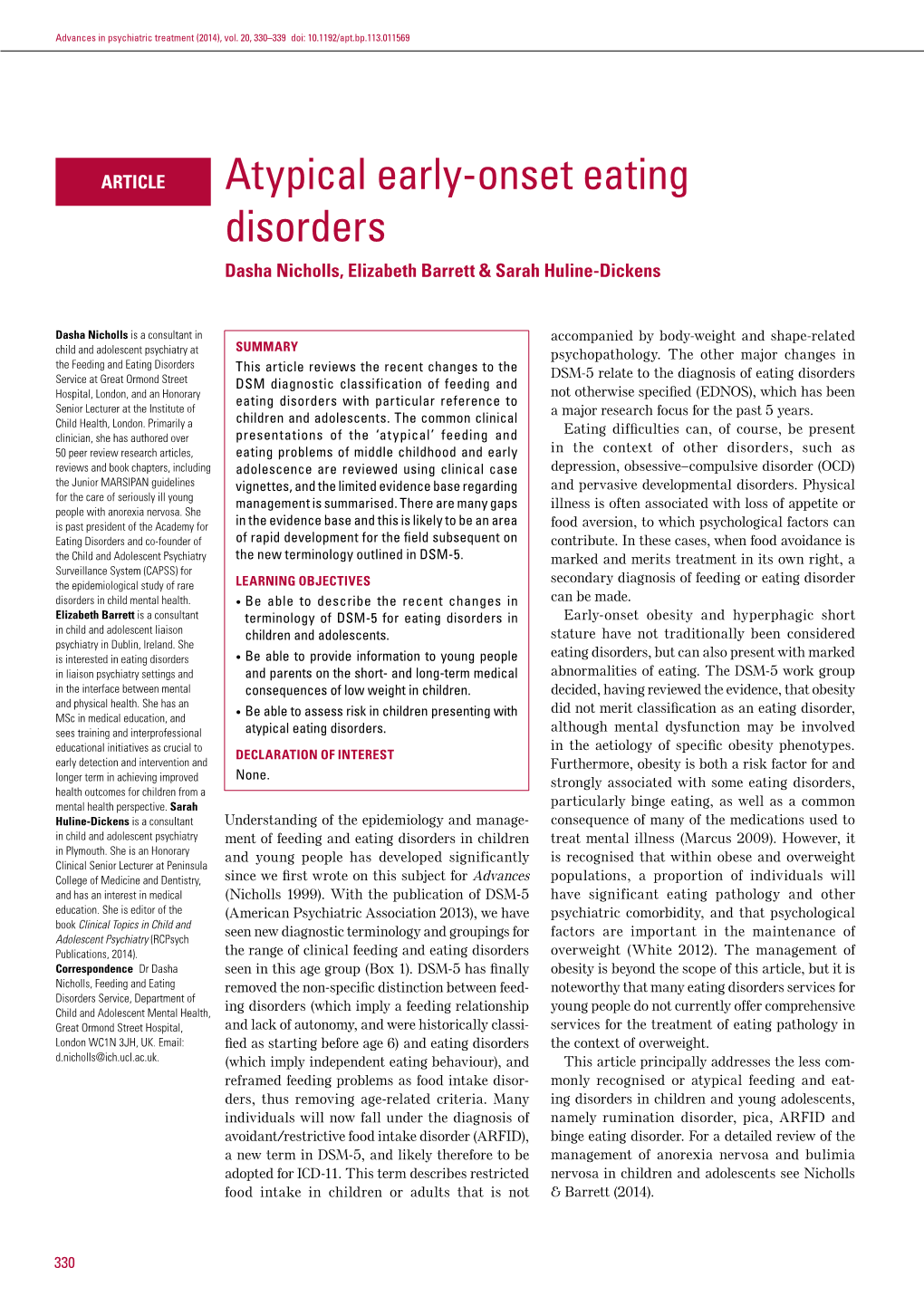 Atypical Early-Onset Eating Disorders Dasha Nicholls, Elizabeth Barrett & Sarah Huline-Dickens