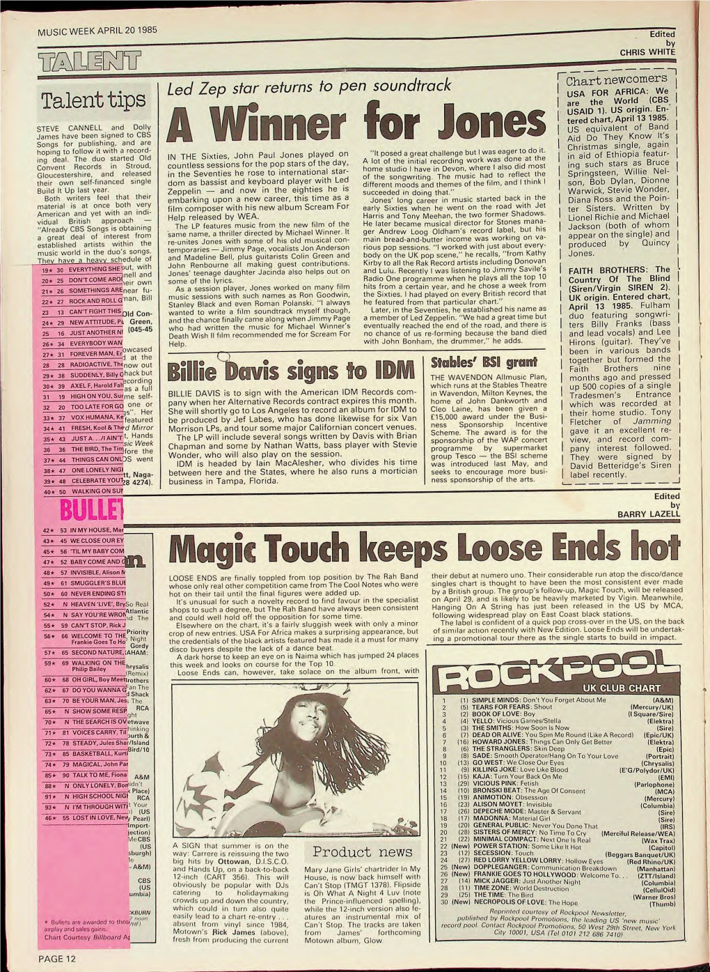 MUSIC WEEK APRIL 20 1985 Talent Tips STEVE CANNELL and Dolly