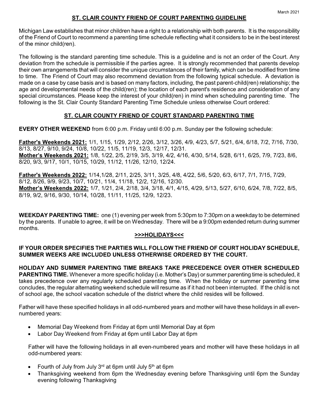 Parenting Time Standard Schedule 2020-2021