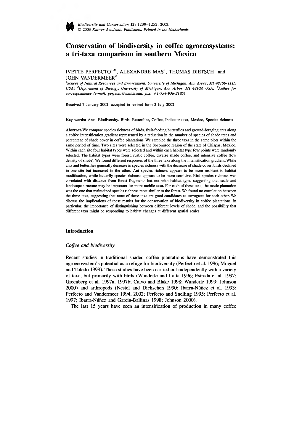 Conservation of Biodiversity in Coffee Agroecosystems: a Tri-Taxa Comparison in Southern Mexico