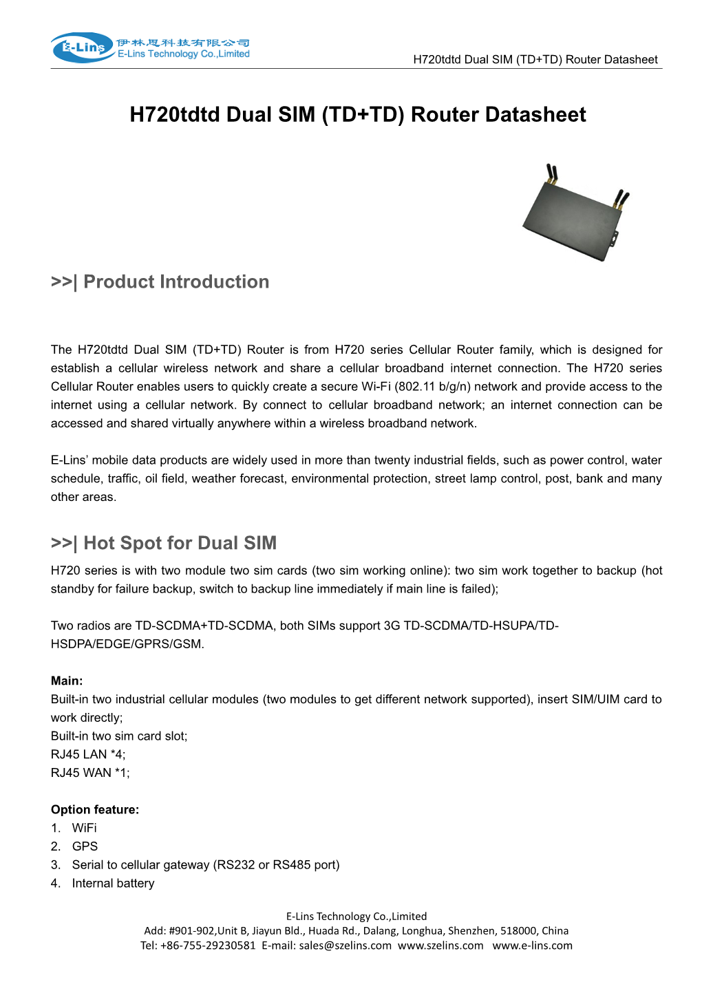 H720tdtd Dual SIM (TD+TD) Router Datasheet Spec