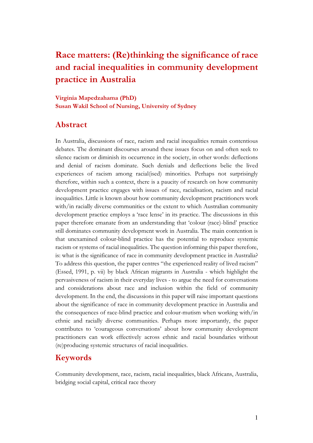 Thinking the Significance of Race and Racial Inequalities in Community Development Practice in Australia