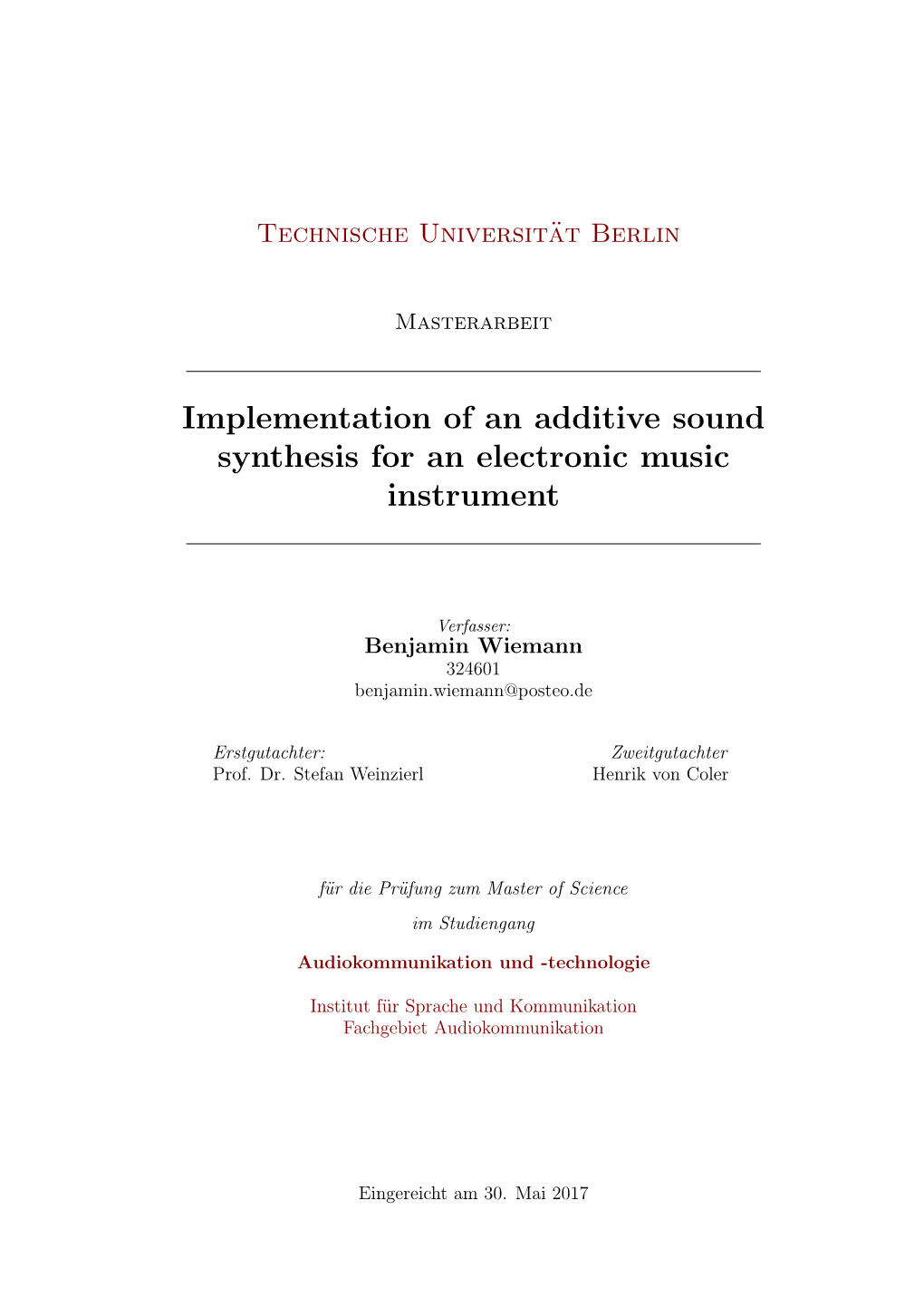 Implementation of an Additive Sound Synthesis for an Electronic Music Instrument