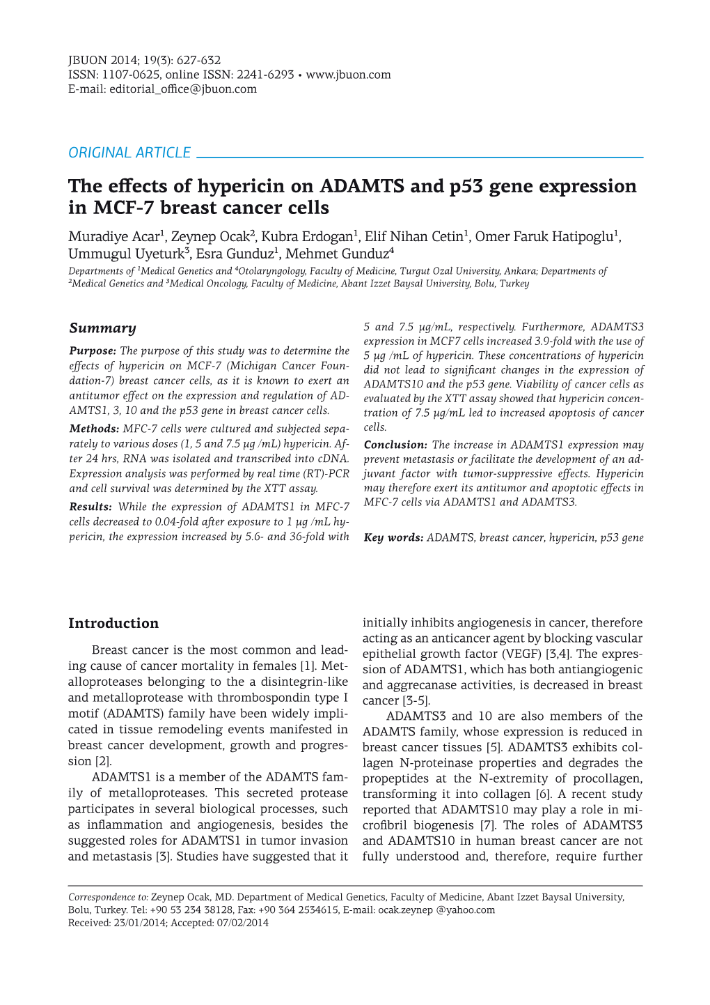 The Effects of Hypericin on ADAMTS and P53 Gene Expression in MCF-7 Breast Cancer Cells