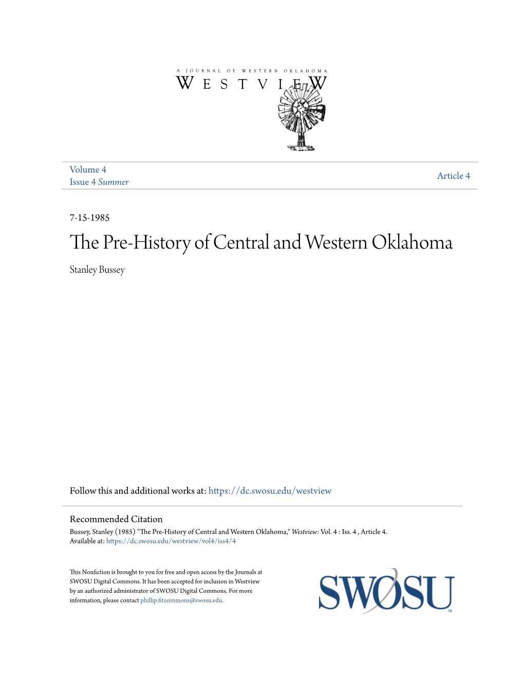 The Pre-History of Central and Western Oklahoma