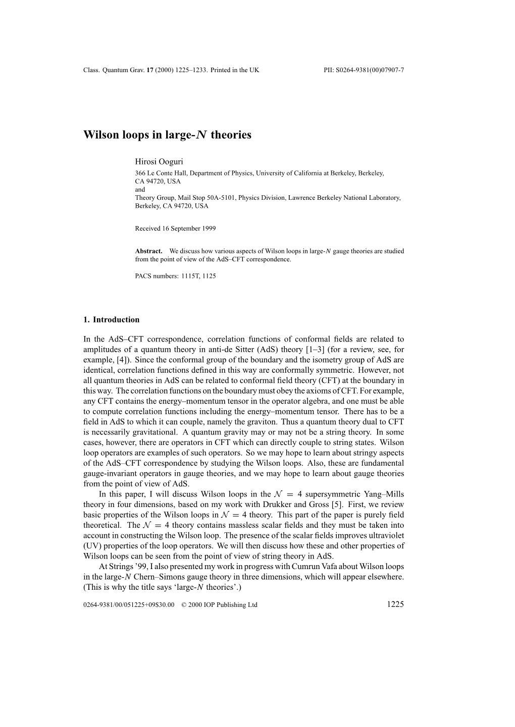 Wilson Loops in Large-N Theories