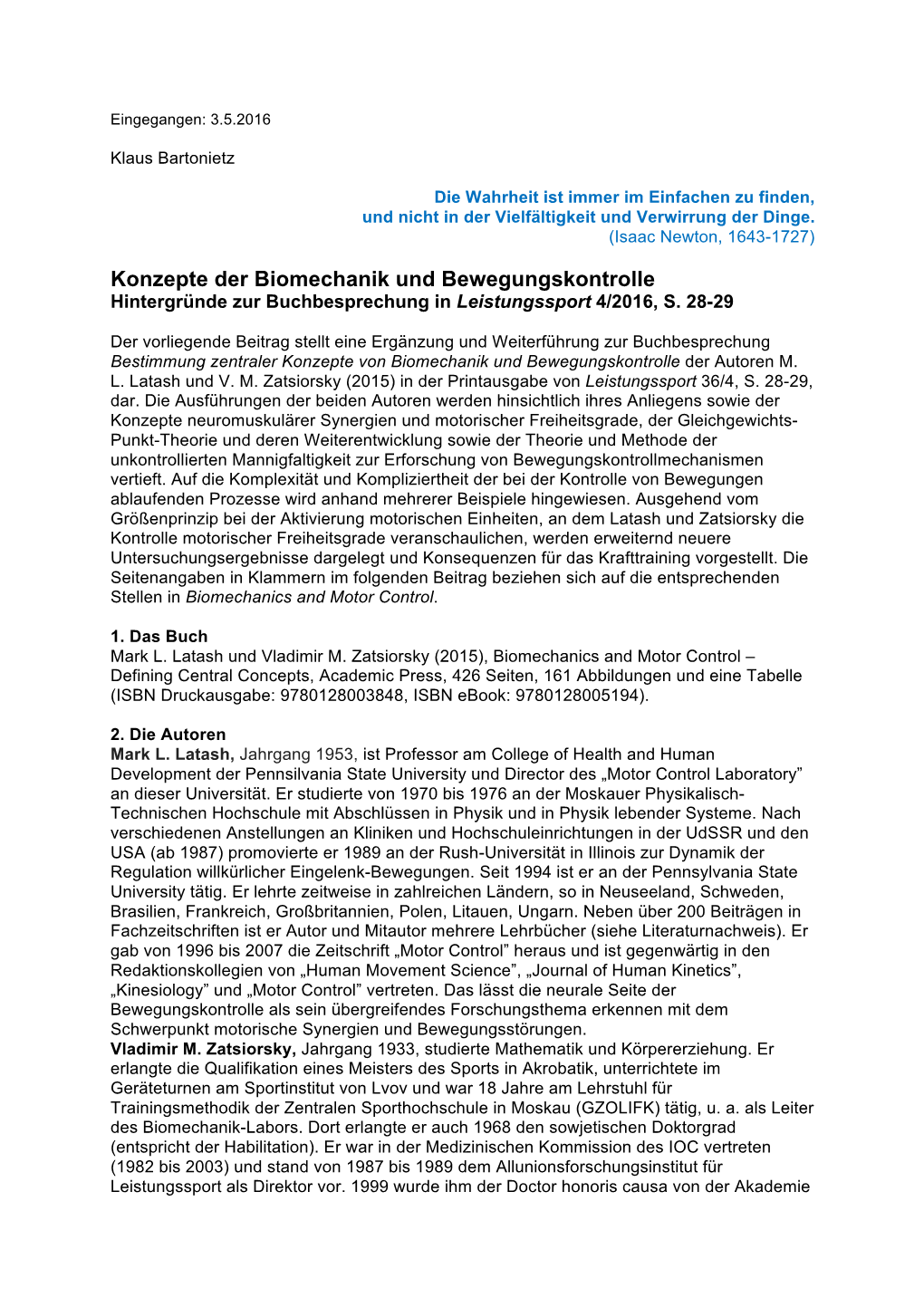 Konzepte Der Biomechanik Und Bewegungskontrolle Hintergründe Zur Buchbesprechung in Leistungssport 4/2016, S