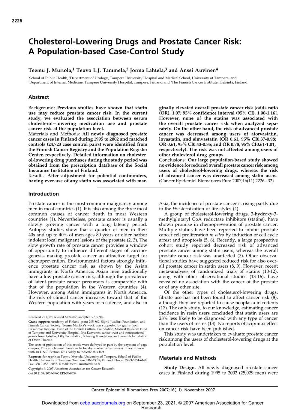 Cholesterol-Lowering Drugs and Prostate Cancer Risk: a Population-Based Case-Control Study