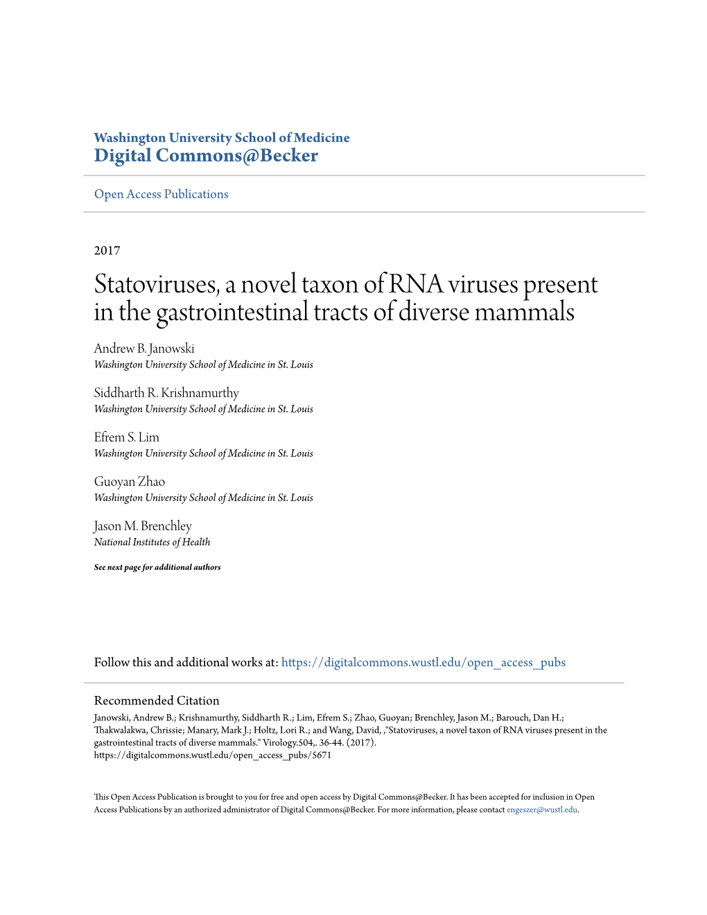 Statoviruses, a Novel Taxon of RNA Viruses Present in the Gastrointestinal Tracts of Diverse Mammals Andrew B