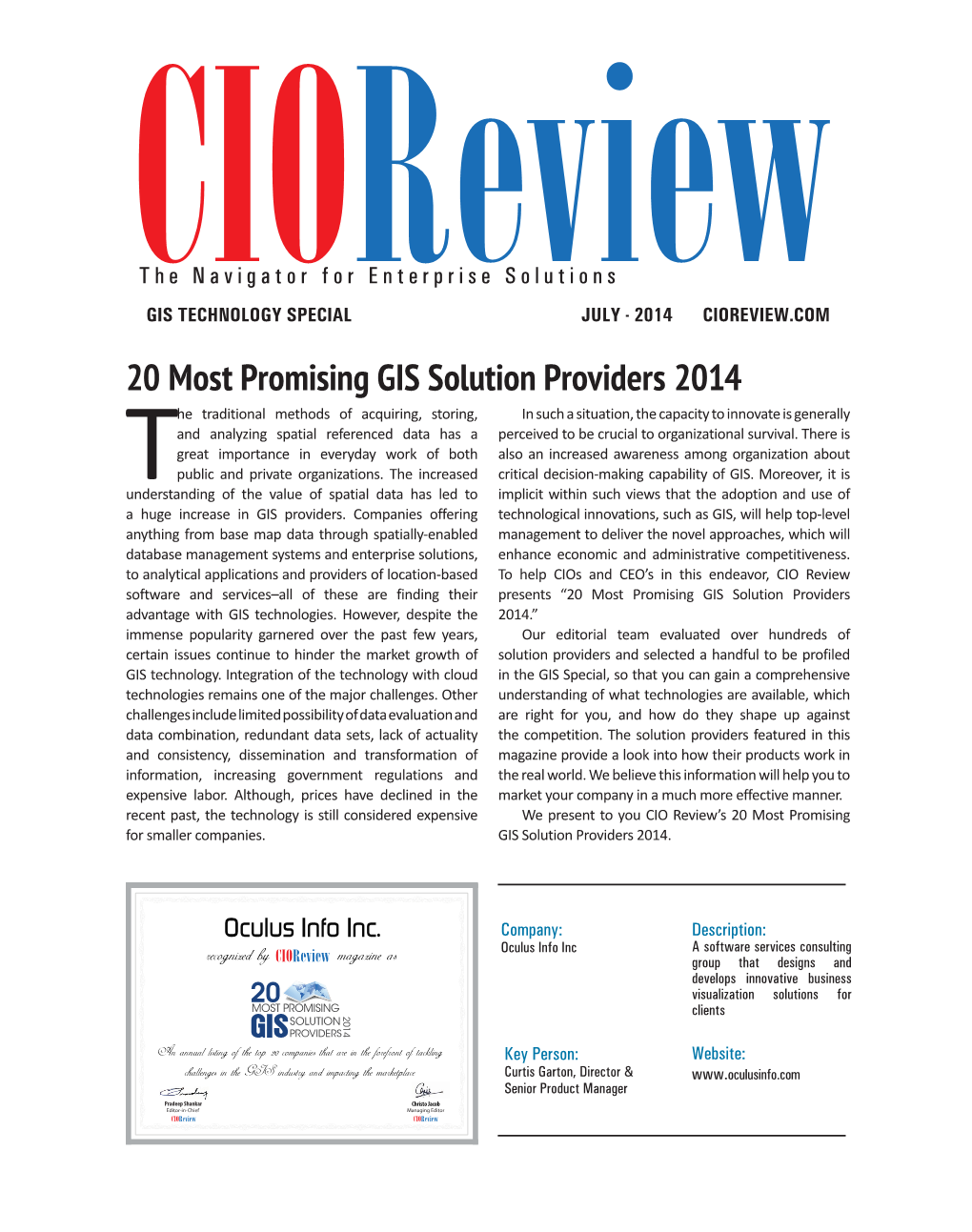 20 Most Promising GIS Solution Providers 2014