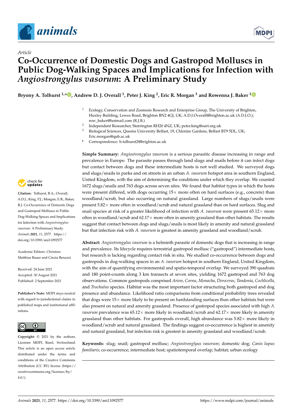 Co-Occurrence of Domestic Dogs and Gastropod Molluscs in Public Dog-Walking Spaces and Implications for Infection with Angiostrongylus Vasorum: a Preliminary Study