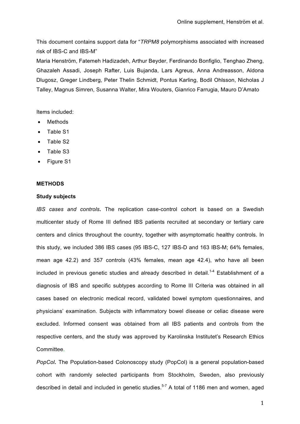 Online Supplement, Henström Et Al. This Document Contains Support Data for “TRPM8 Polymorphisms As