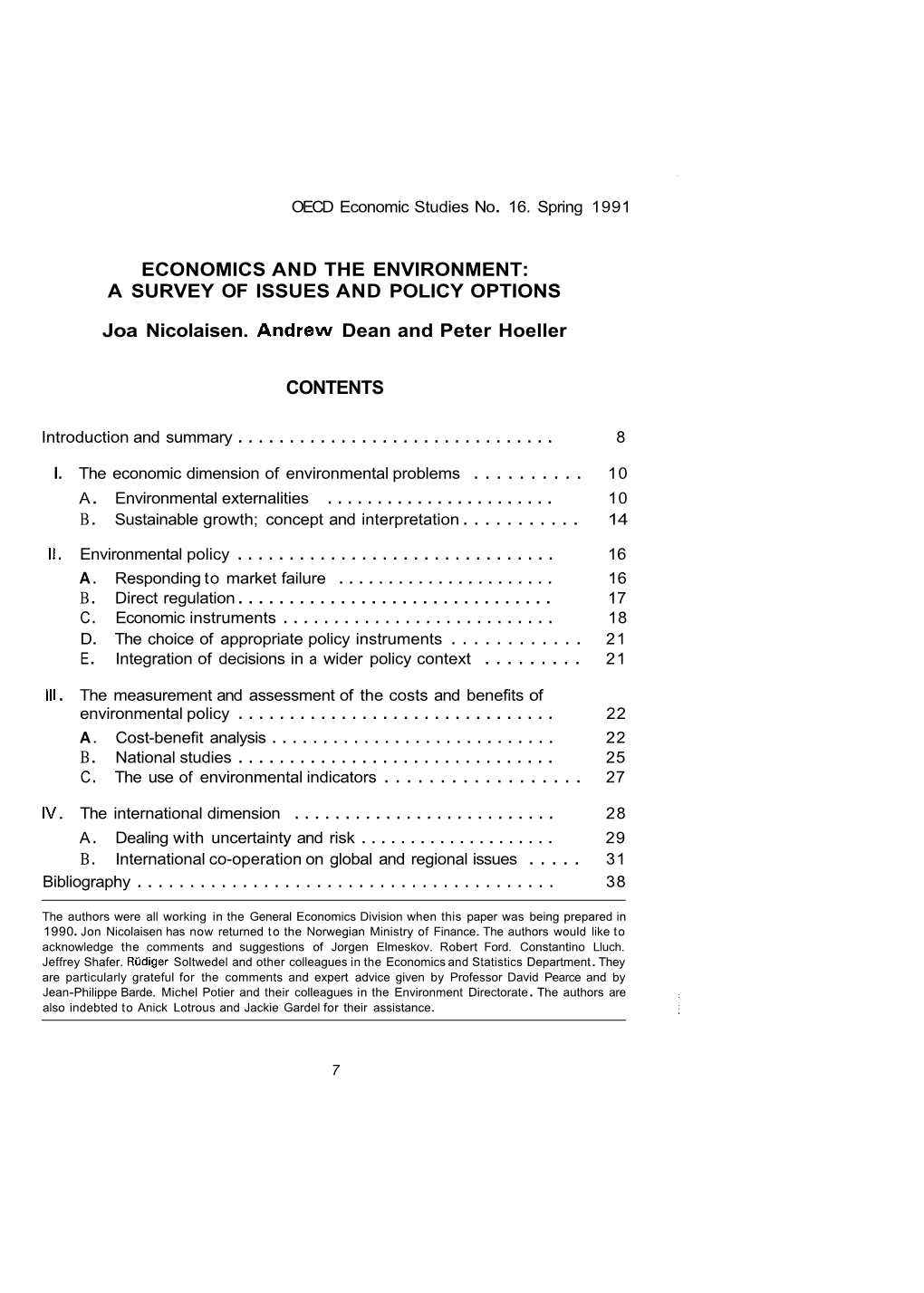 Economics and the Environment: a Survey of Issues and Policy Options