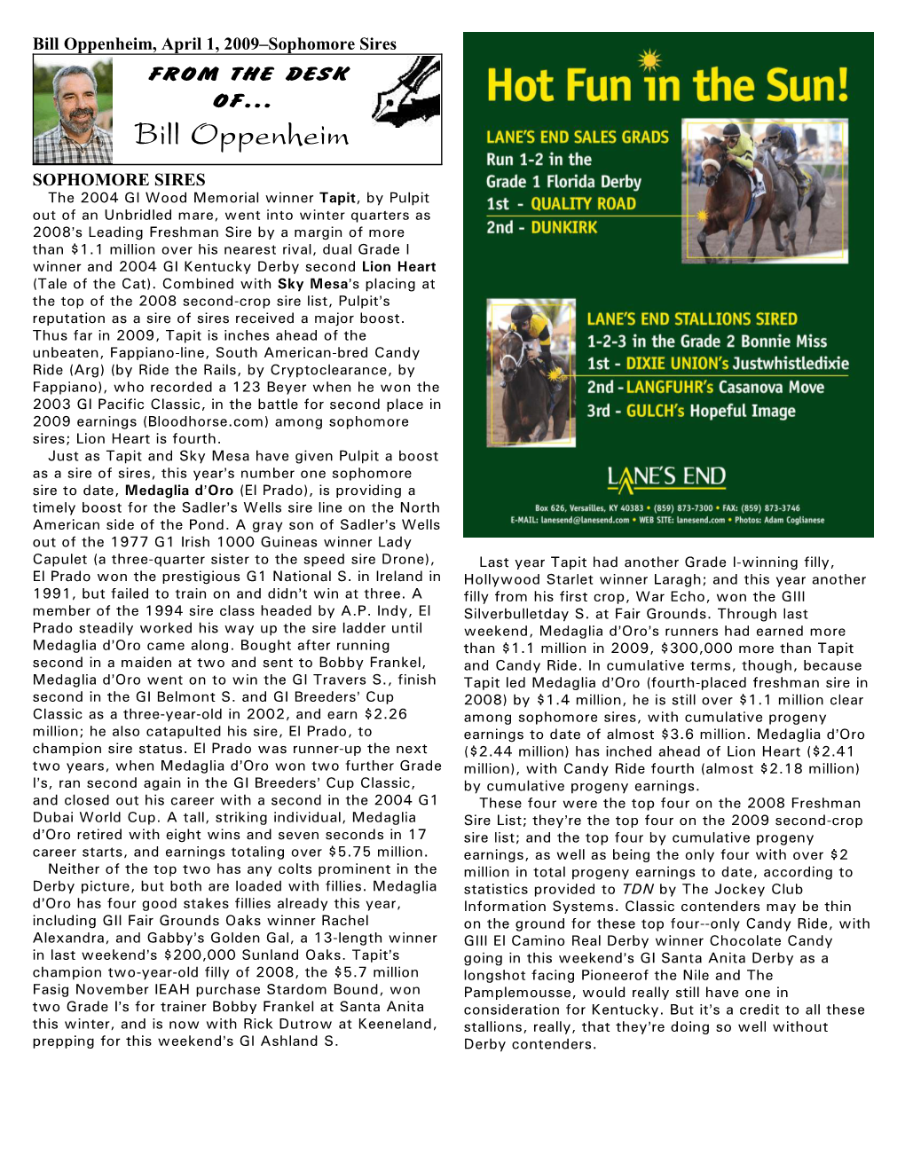 Bill Oppenheim, April 1, 2009–Sophomore Sires from the DESK OF