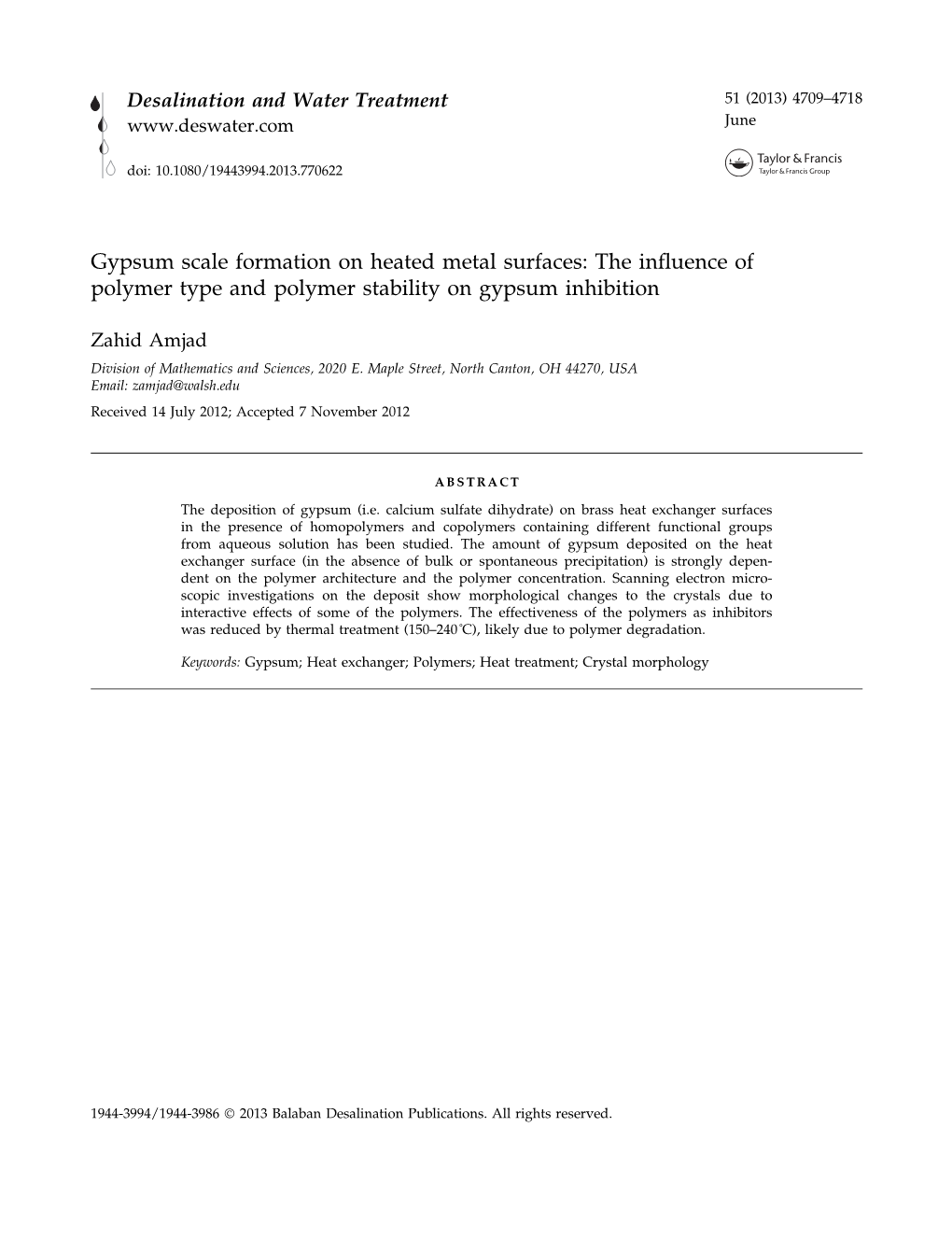 Gypsum Scale Formation on Heated Metal Surfaces: the Inﬂuence of Polymer Type and Polymer Stability on Gypsum Inhibition