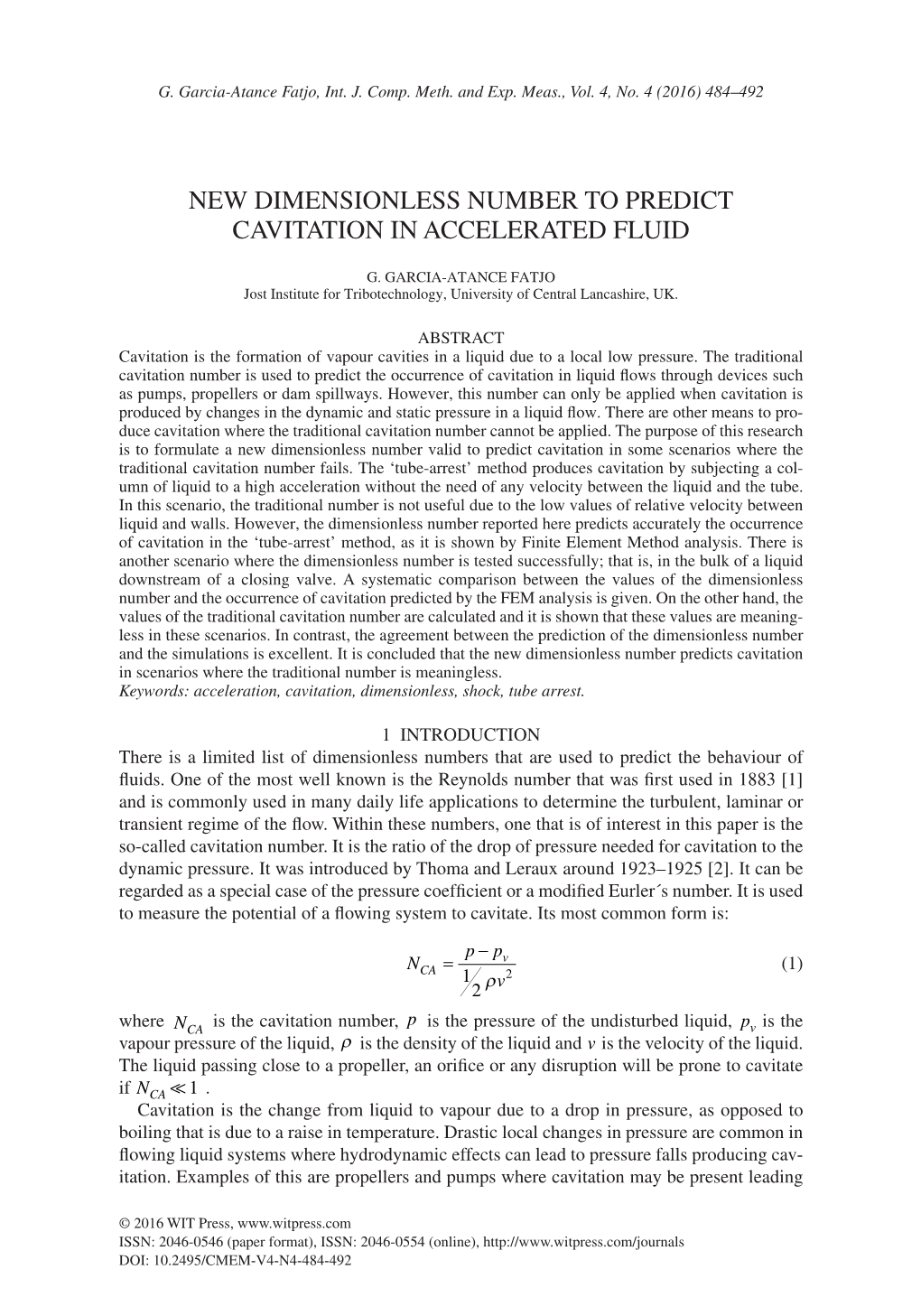 New Dimensionless Number to Predict Cavitation in Accelerated Fluid