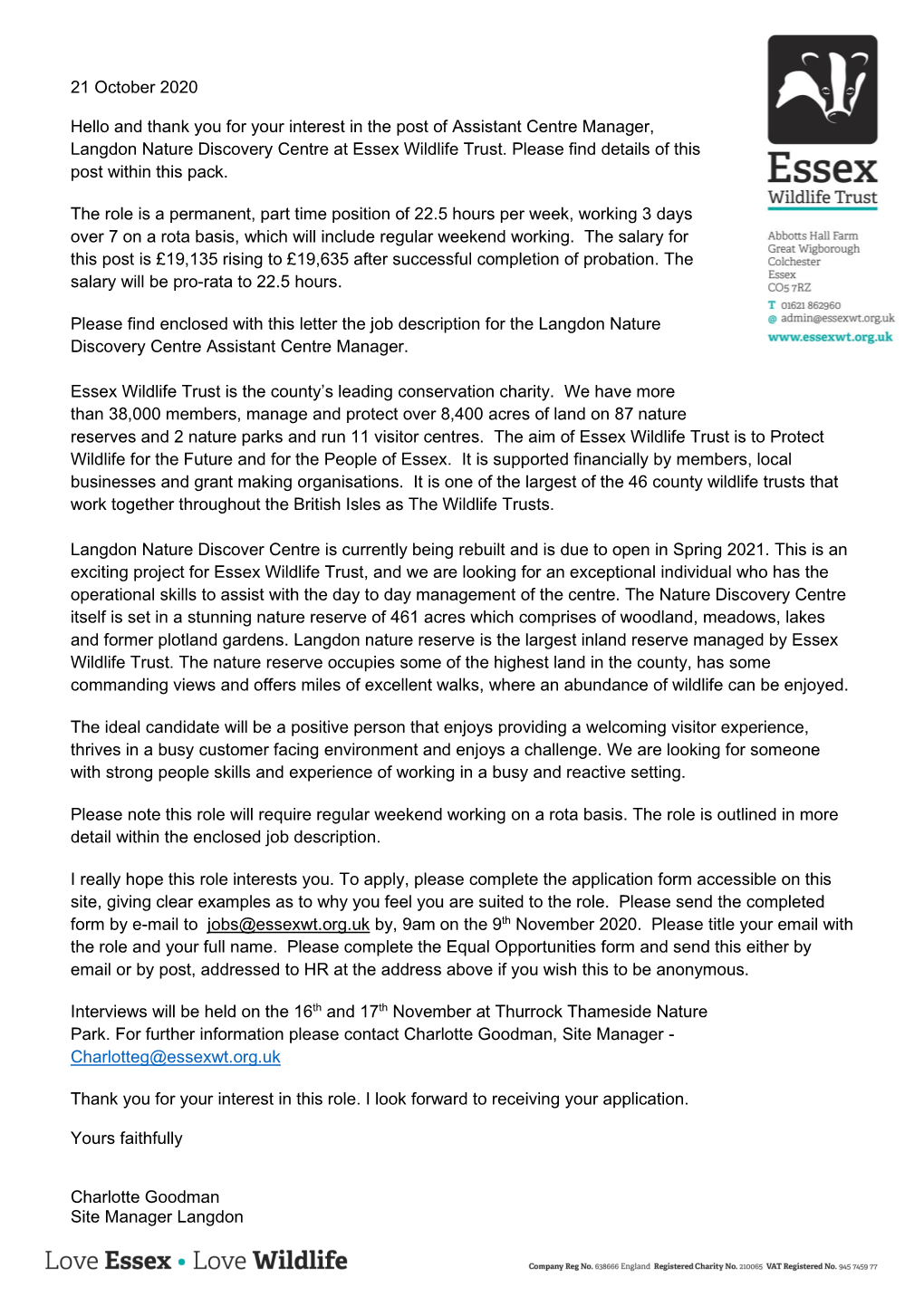 21 October 2020 Hello and Thank You for Your Interest in the Post of Assistant Centre Manager, Langdon Nature Discovery Centre A