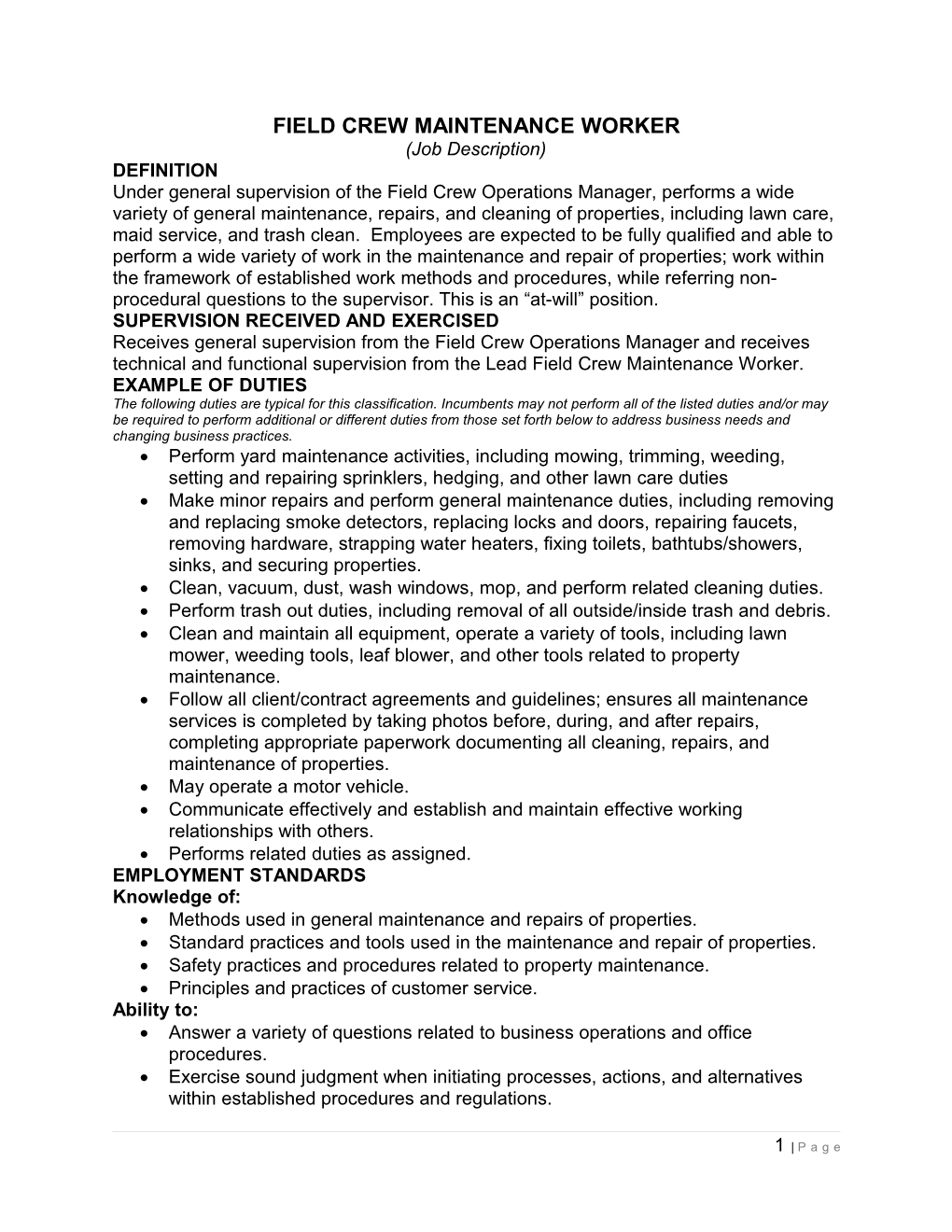 Field Crew Maintenance Worker