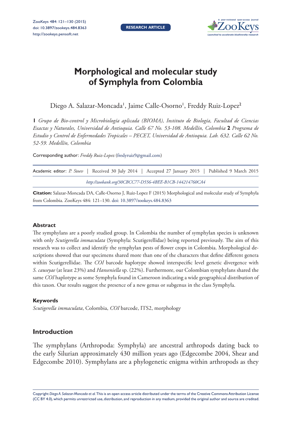 ﻿Morphological and Molecular Study of Symphyla from Colombia