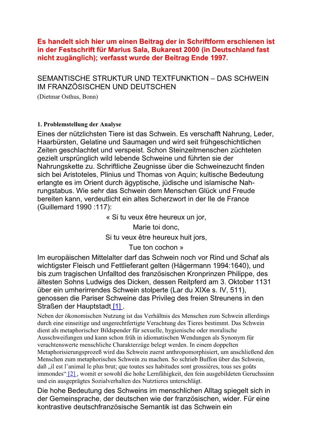 SEMANTISCHE STRUKTUR UND TEXTFUNKTION – DAS SCHWEIN IM FRANZÖSISCHEN UND DEUTSCHEN (Dietmar Osthus, Bonn)