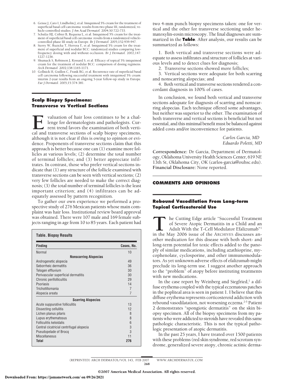 Scalp Biopsy Specimens: Sections Adequate for Diagnosis of Scarring and Nonscar- Transverse Vs Vertical Sections Ring Alopecias