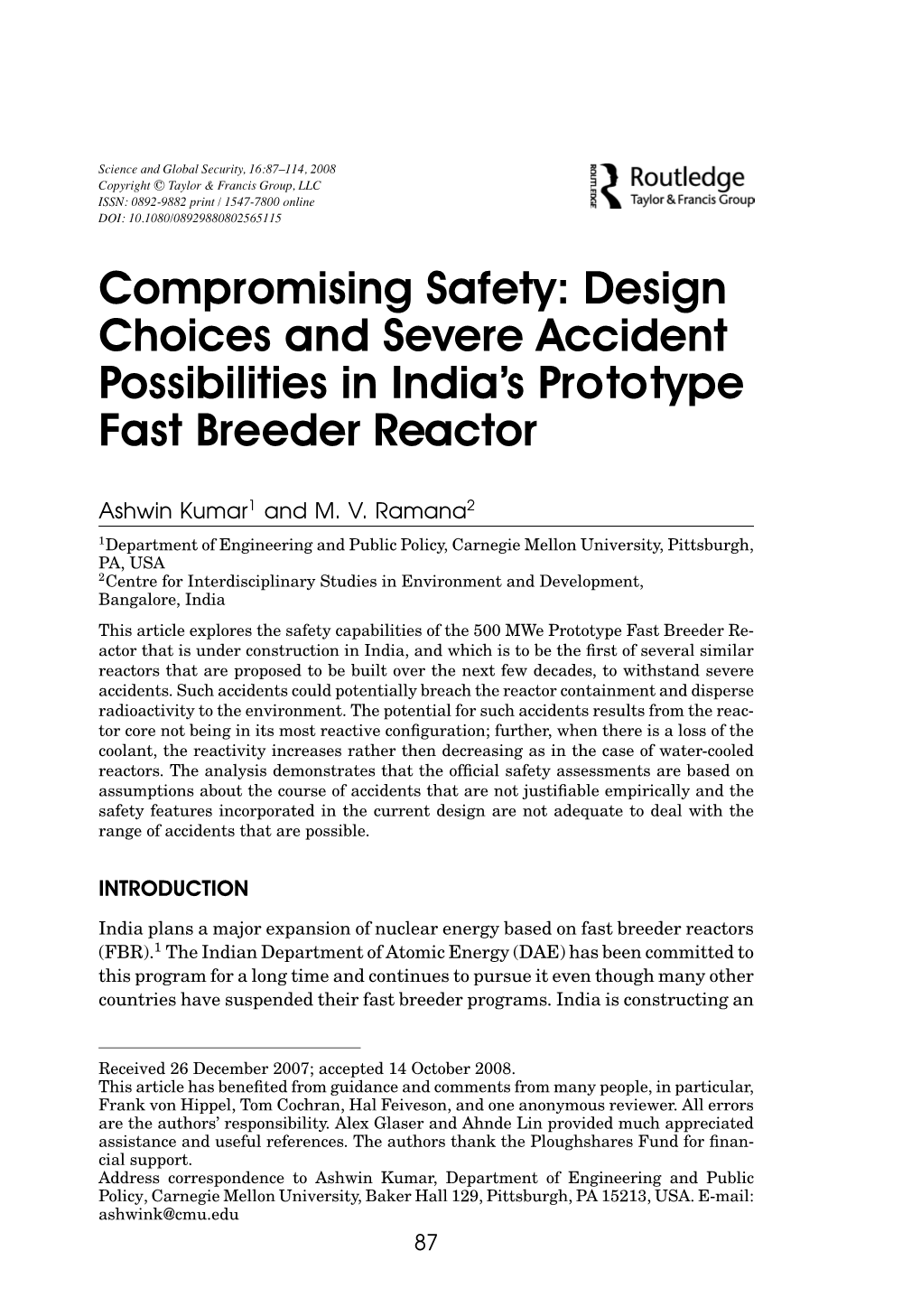 Design Choices and Severe Accident Possibilities in India’S Prototype Fast Breeder Reactor