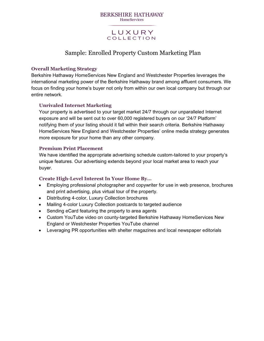 Sample: Enrolled Property Custom Marketing Plan