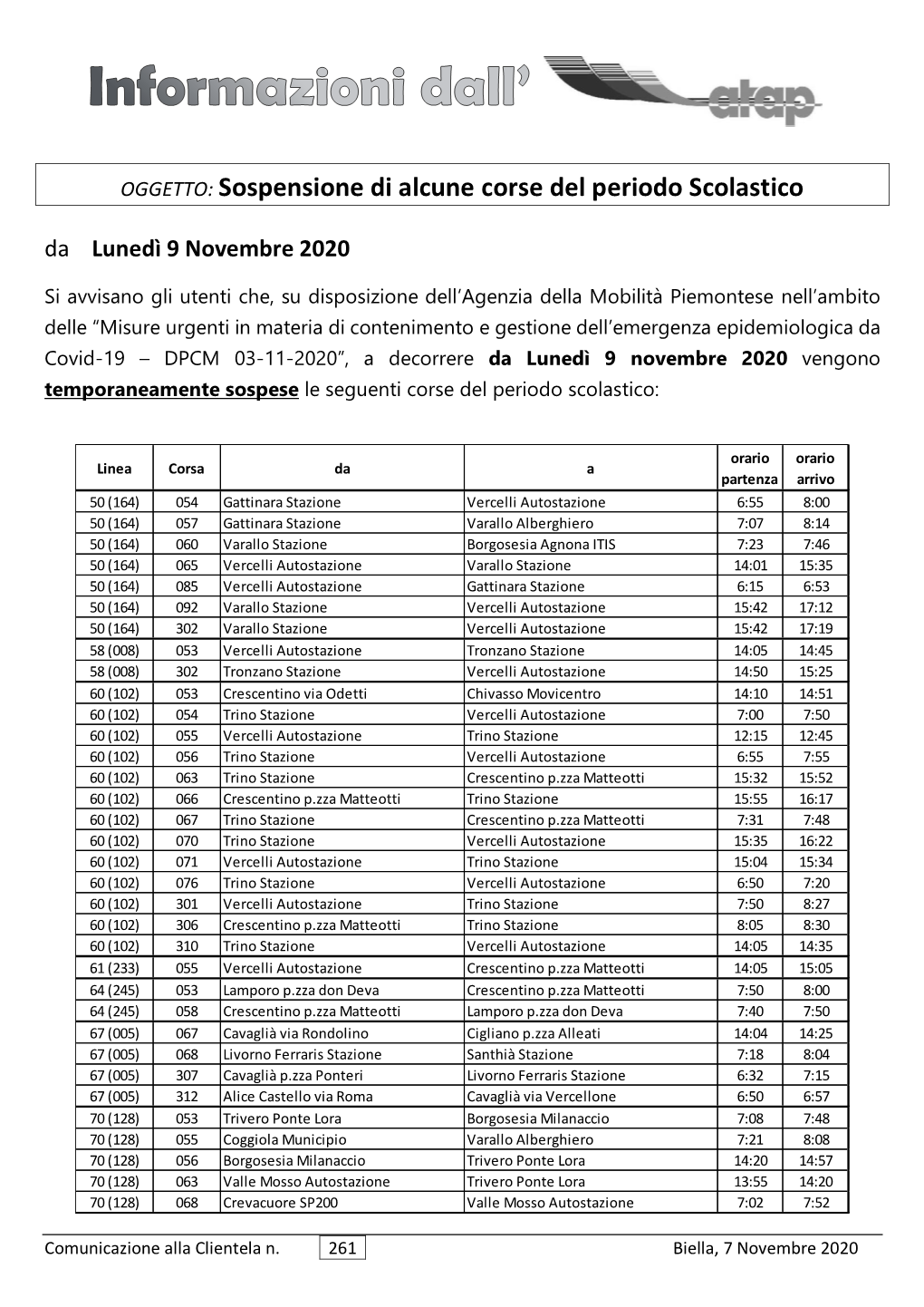 Sospensione Di Alcune Corse Del Periodo Scolastico Da Lunedì 9 Novembre 2020