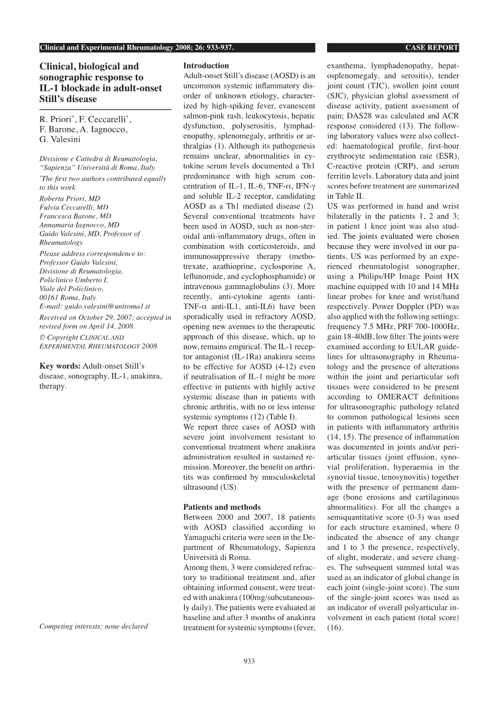 Clinical, Biological and Sonographic Response to IL-1 Blockade in Adult